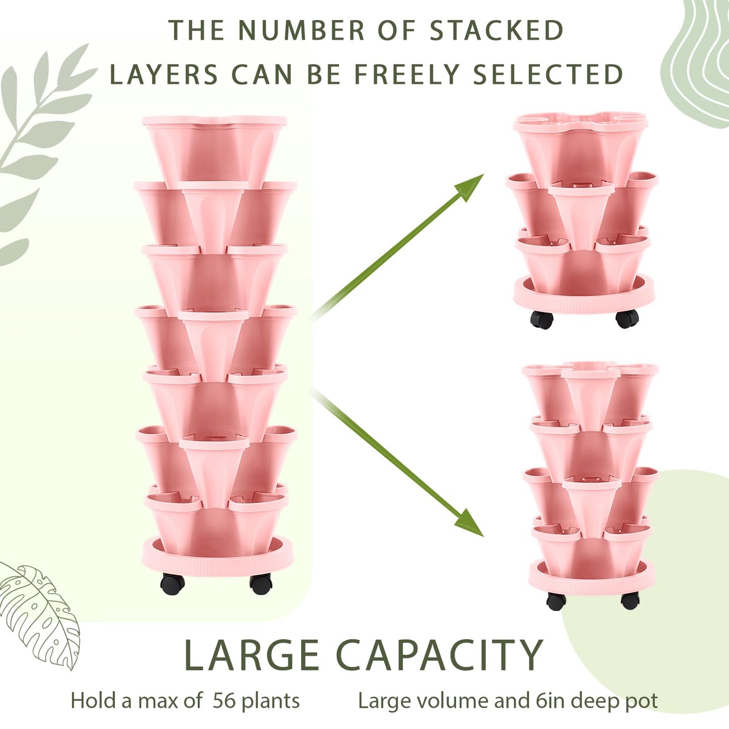 Umigy 2 Set of 7 Tier Vertical Planter Stackable Tower Planters Strawberry Herb Flower and Vegetable Pots Indoor Outdoor Gardening Pots with Removable Wheels and Tools(Pink)
