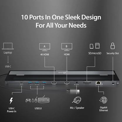 j5create USB-C Dual HDMI Docking Station (10-in-1), 4K + 1080p Dual HDMI Display, 5Gbps USB-A x3, SD Card Reader, PD 100W, RJ45 Ethernet, Combo Audio Jack, for MacBook and Windows Laptop (JCD542)