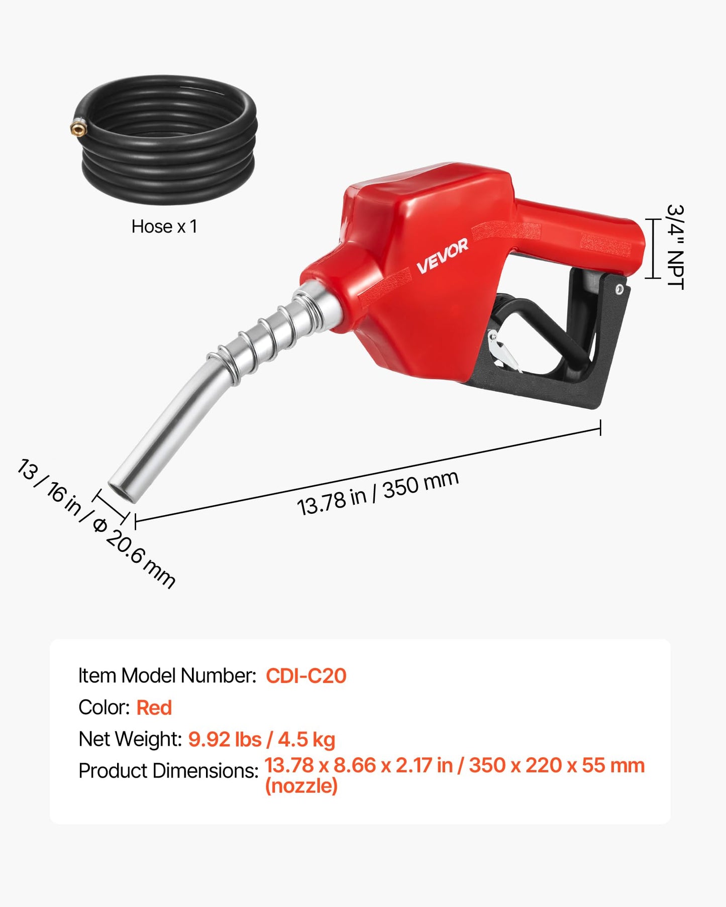 VEVOR 3/4" NPT Automatic Fuel Nozzle with 20Ft hose, Max Rate 11.8 GPM, Auto Shut Off Diesel Gas Pump Nozzle with 3-Speed Trigger Lock & 13/16" (OD=20 mm) Spout for Gasoline, Diesel, Kerosene, Red