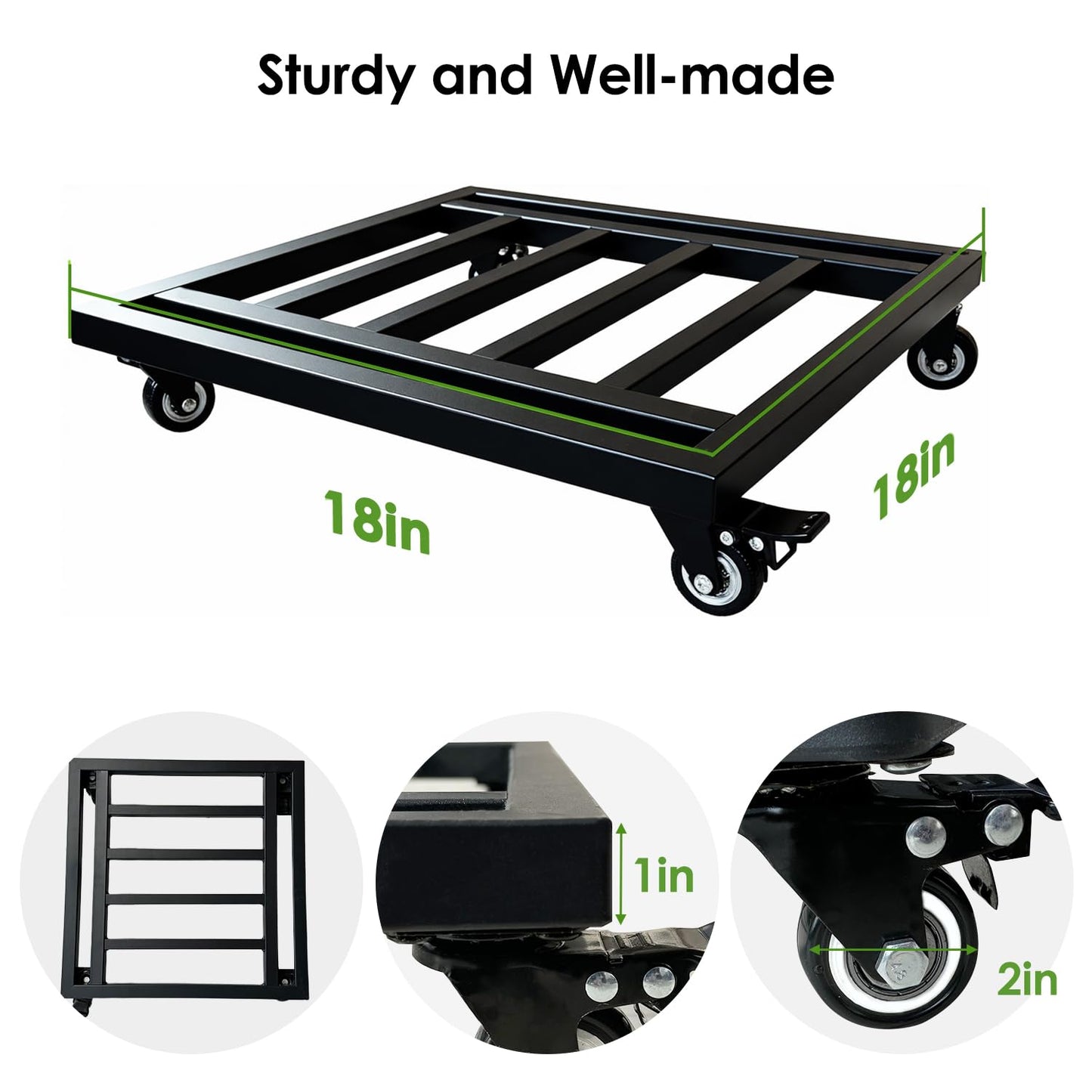 Hongsane 18" Square Plant Stand with Wheels Heavy Duty,Large Metal Plant Caddy Indoor Outdoor Use,Rolling Plant Dolly with Industrial Casters,Rust-Proof Black Plant Tray for Large Planters Pots,2-Pack