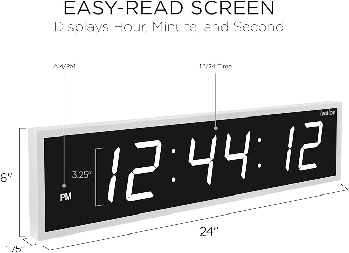 Ivation Oversized Large Digital Wall Clock - Big LED Digital Clock w/Large Display & Durable Aluminum Frame Shelf or Wall Mount (24 Inch - White) 6 Brightness Levels | Time Memory | Remote