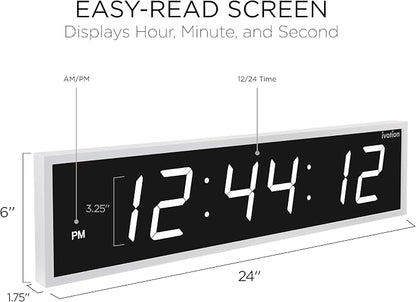 Ivation Oversized Large Digital Wall Clock - Big LED Digital Clock w/Large Display & Durable Aluminum Frame Shelf or Wall Mount (24 Inch - White) 6 Brightness Levels | Time Memory | Remote