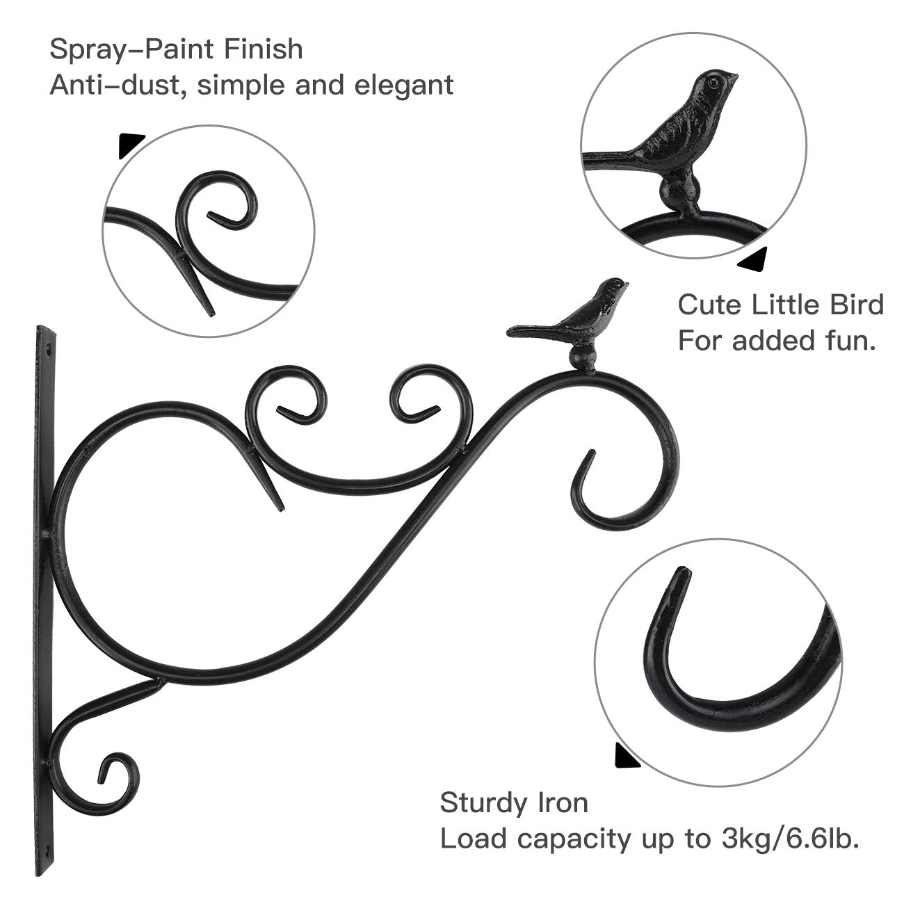 Lewondr Wall Hanging Plant Bracket, 2 Pack 12-inch Retro Iron Shepard Hook for Flower Bird Feeder Planter Indoor Outdoor, Bird 01 - Spray Paint Black