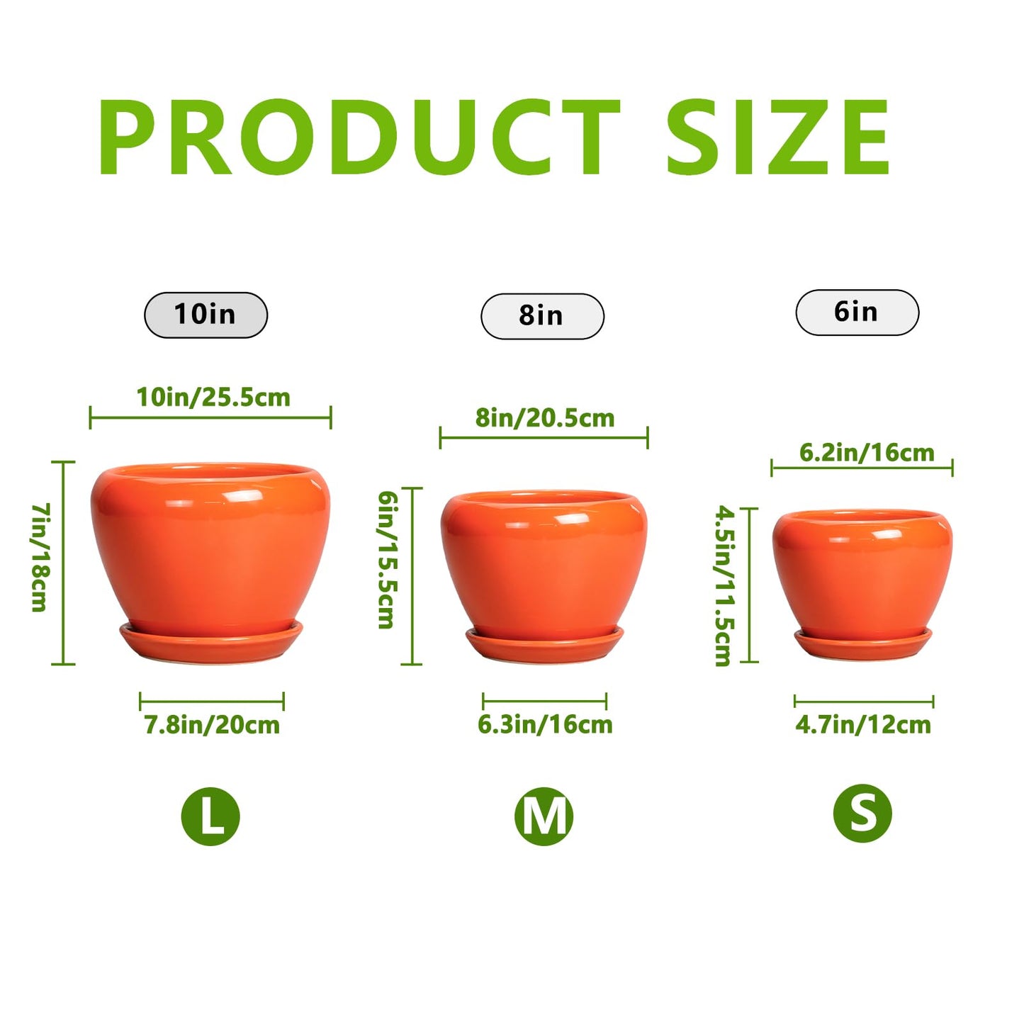 EPFamily Ceramic Planter - 10 Inch 8 Inch 6 Inch Plant Pot with Drainage Holes and Saucers, Round Planters for Indoor Outdoor, Modern Flower Pots, House Garden Room Decor, Gardening Gifts, Orange