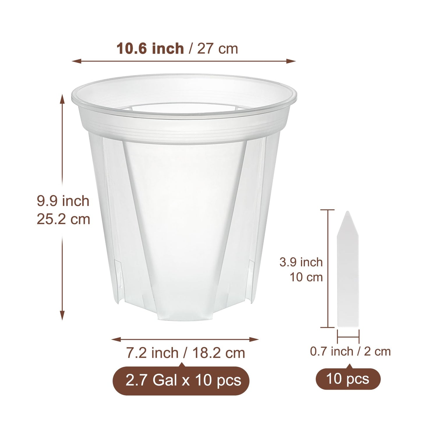 VIOBEPASS 10.6 Inch Large Clear Nursery Pots with Drainage Holes, 2.7 Gal 10 Pack Transparent Plastic Plant Pots, Ideal for Orchids, Seedlings, Repotting & Observing Root Growth & Soil Moisture