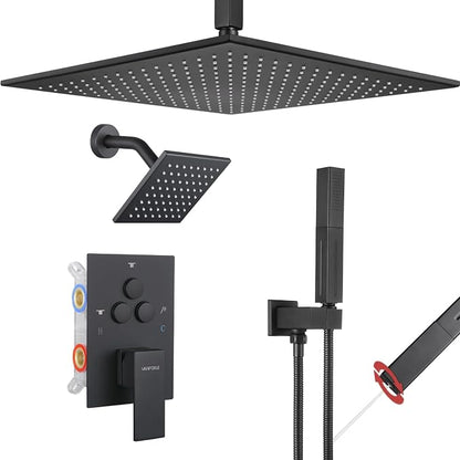 VANFOXLE Shower Faucet Set Matte Black Shower System, Push Button Diverter Shower Faucet with Trim Kit, Ceiling Mount 16 Inch Shower Head Increased Thick, 6 Inch Side Shower Head, 2-in-1 Handheld
