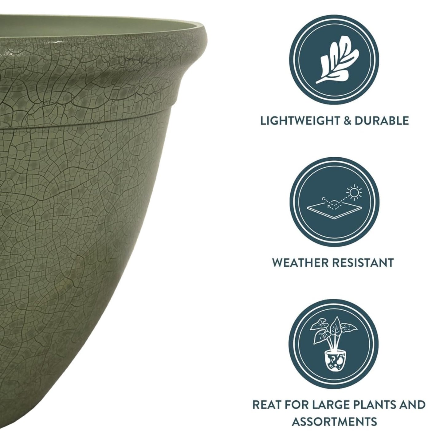 The HC Companies 20 Inch Tucson Round Planter Pots with Ceramic Look, Lightweight UV-Resistant Resin Indoor & Outdoor Planters, 1-Pack Flower Pots for Garden & Home Decor, Green Crackle