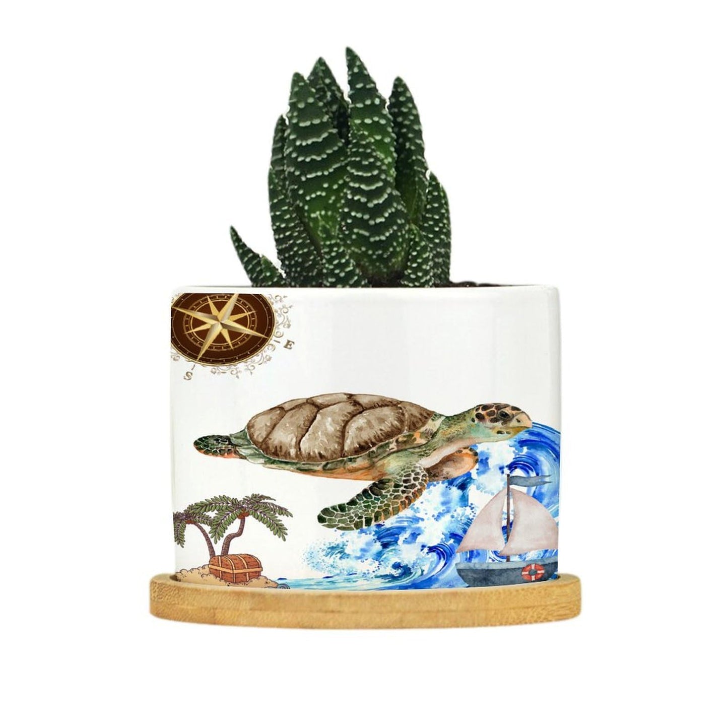 DreamAutumn Ocean Theme Sea Turtle Planter Ceramic Round Plant Pots with Drainage Holes and Bamboo Tray Planting Small Flower Pots for Home Windowsill Desk Garden Indoor Outdoor Use