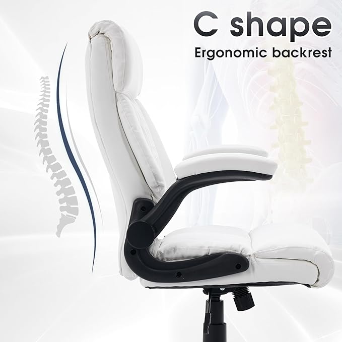 High Back Office Chair with Flip-up Armrests, Leather Comfy Desk Chair with