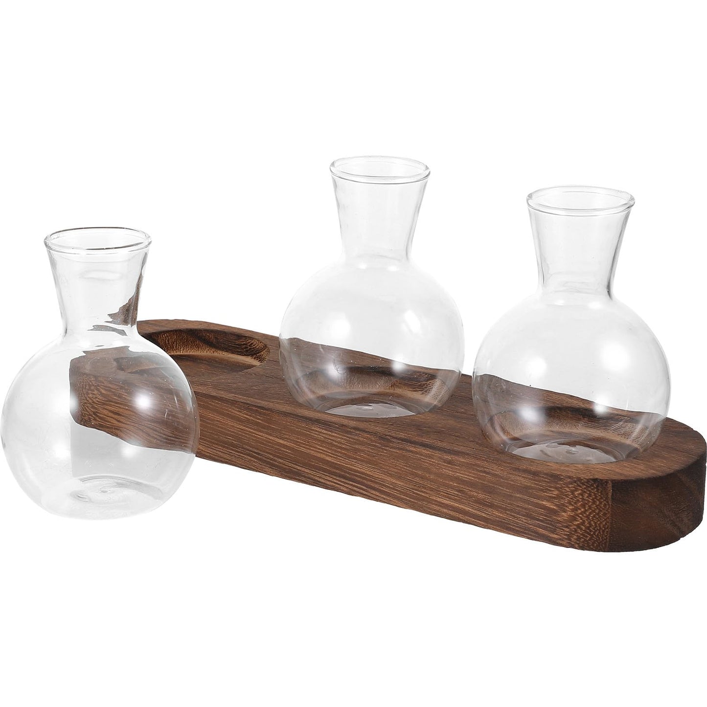 TINEASUR Glass Vase Set with Wooden Base, Hydroponic Green Plant Terrarium, Decorative Flower Vases for Office and Living Room Desktop, 3pcs Household Hyacinth Centerpiece