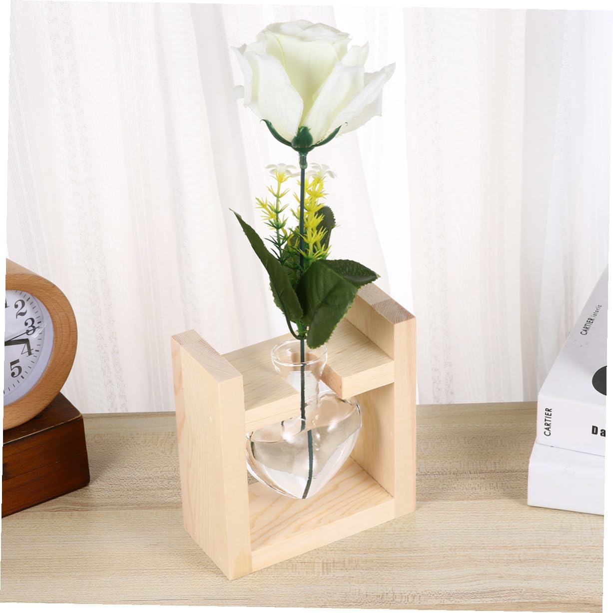 HAKIDZEL Heart-Shaped Glass Vase with Wooden Rack Hydroponic Plant Terrarium Container for Indoor Flower Arrangement Heat-Resistant Decorative Planter for Tulips Roses Indoor and Office