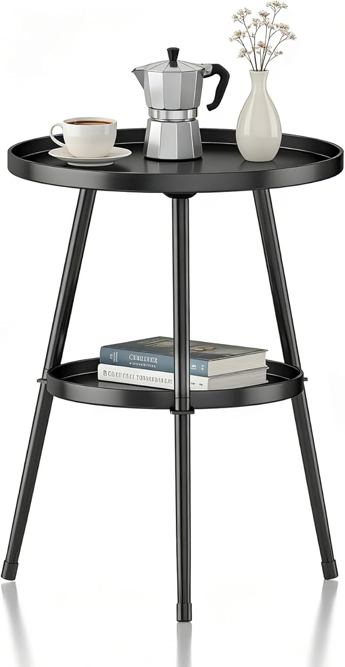 Side Table 2-Tier Small Round End Table Metal Black Accent Table