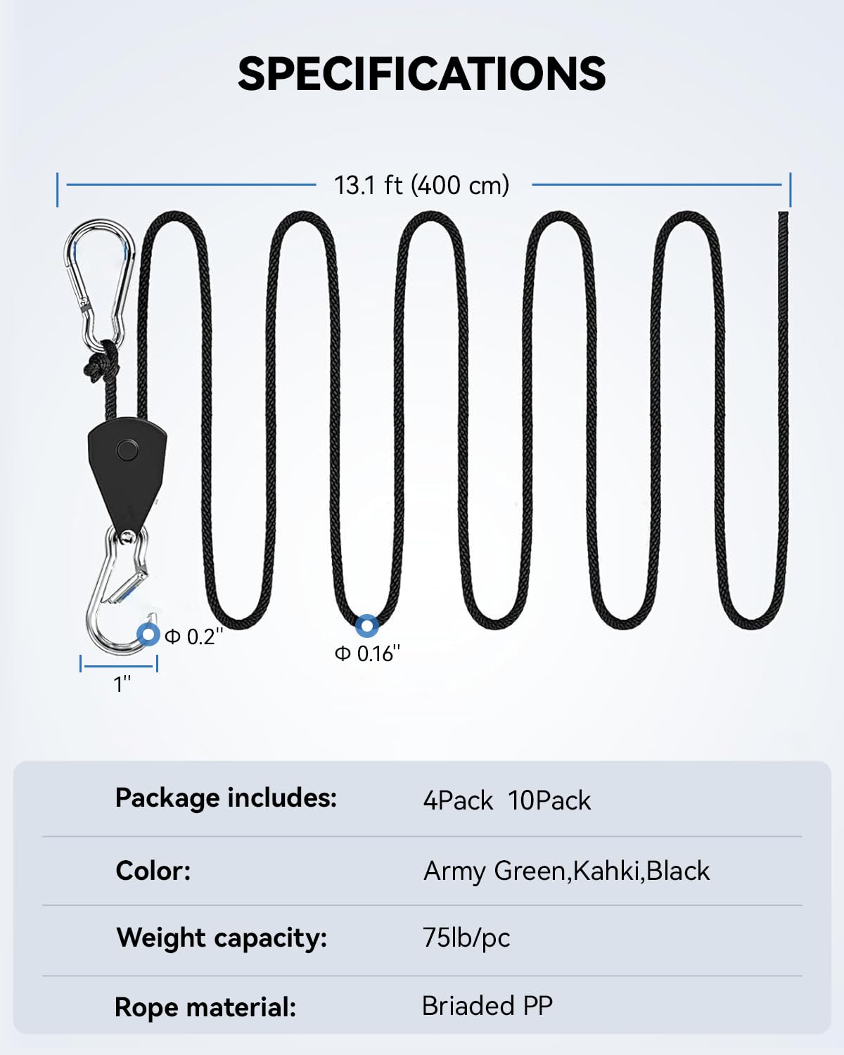 Keovoker 4Pack Retractable Ratchet Tie Down Straps, 13 Ft 1/8” Adjustable Rope Rollers, Heavy Duty Ratcheting Pulley System with 2 Carabiner Hook, for Xmars Decor, Hanging Plants, Grow Lights