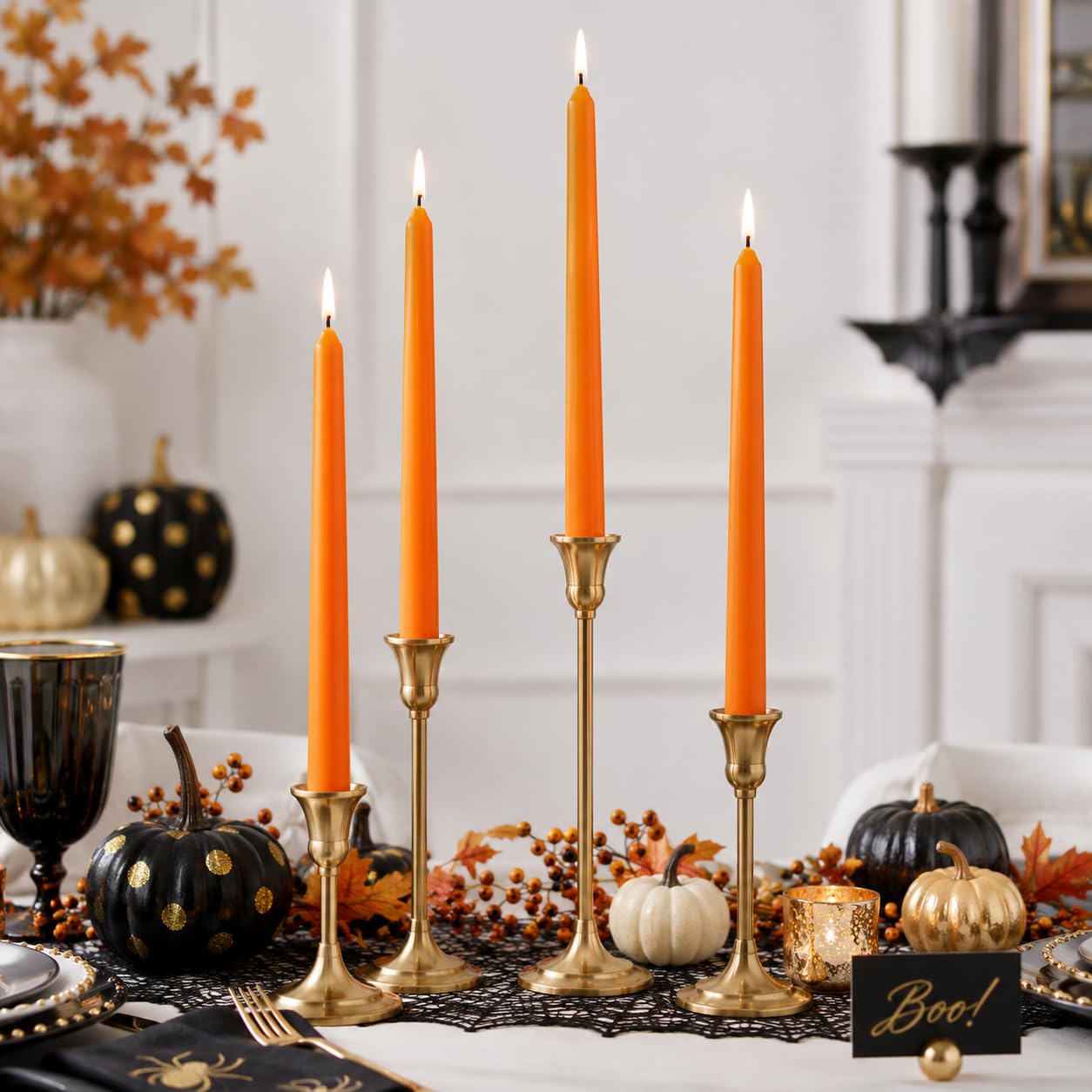 Pumpkin Orange Taper Candles Set of 4, 10 Inch Handmade Candle Stick, Unscented Candlesticks, Tapered Candles for Halloween Fall Table Decor Gift