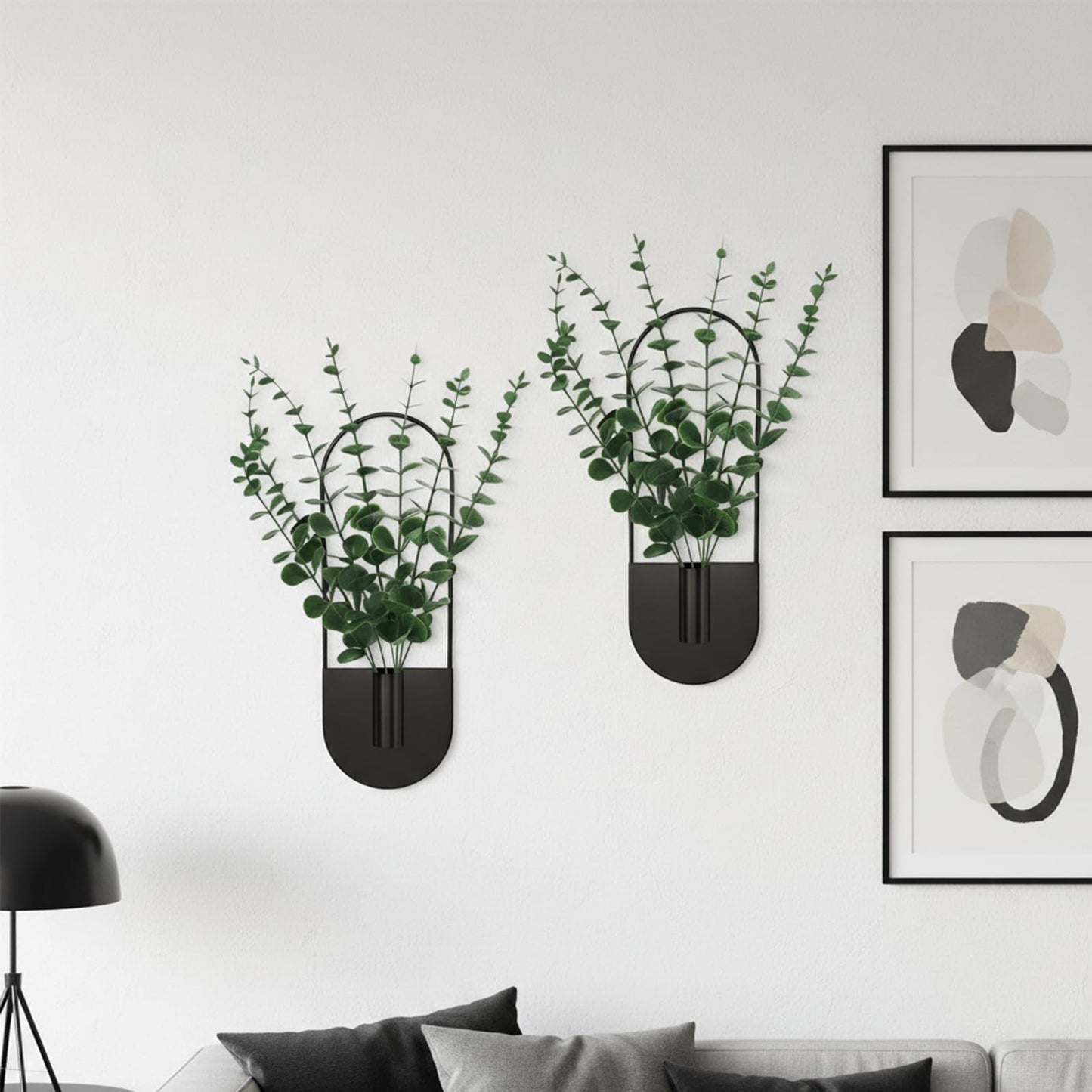 Nacidooka 2 Pcs Boho Wall Decor Hanging Planters for Indoor Plants, Hanging Plant Holder with Artificial Eucalyptus Modern Bathroom Metal Wall Art for Living Room Hallway Home Office(Black)