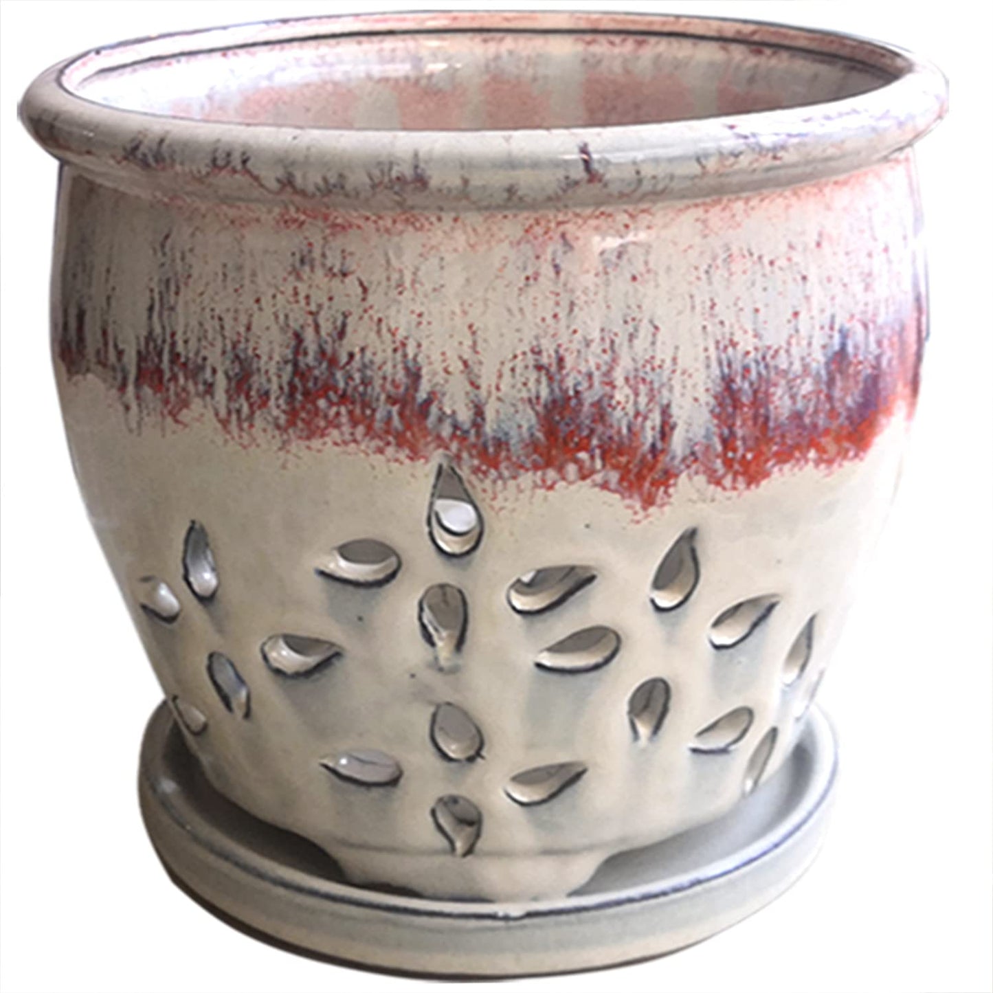 Beitewei 7inch Orchid Pots with Holes Round Ceramic Flower Container Succulent Plant Planter Butterfly Pot Saucer Windowsill Contemporary Home Decoration (Orange Over Cream)