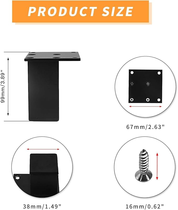 4Pcs 4Inch Metal Furniture Legs, Square Metal Cabinet Support Foot