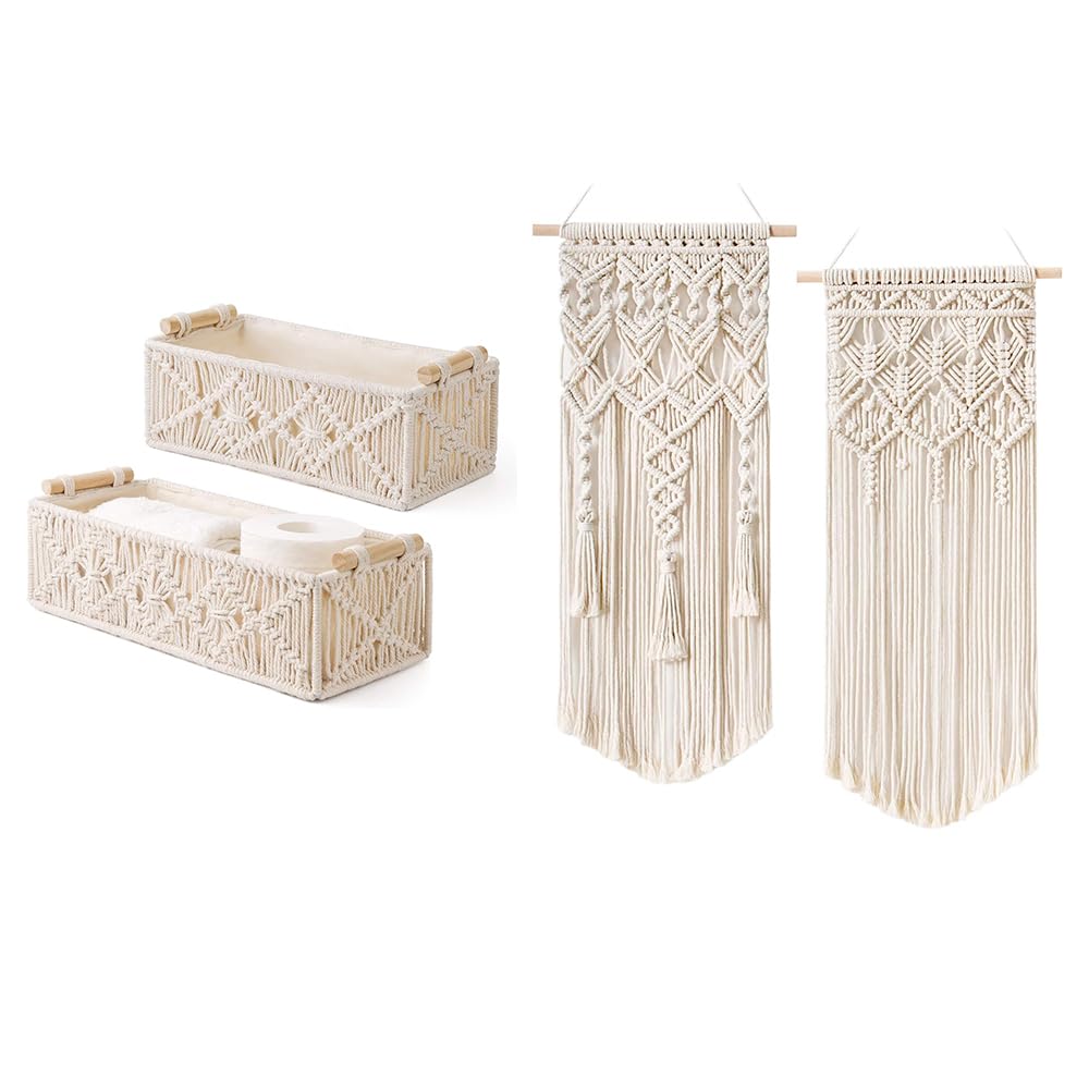 Mkono Macrame Storage Baskets and Macrame Macrame Woven Wall Hanging for Bedroom, Living Room, Nursery, Dorm, Teen Girl Gifts, Set of 3