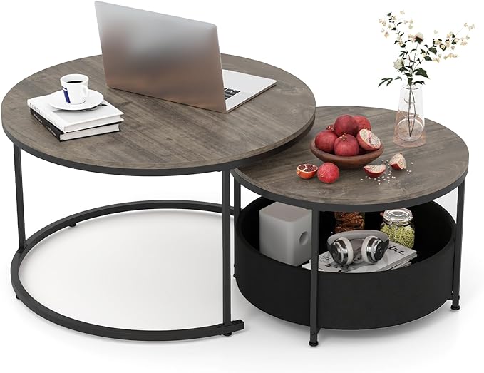Tangkula Round Nesting Coffee Table Set of 2, Wooden Center End Table