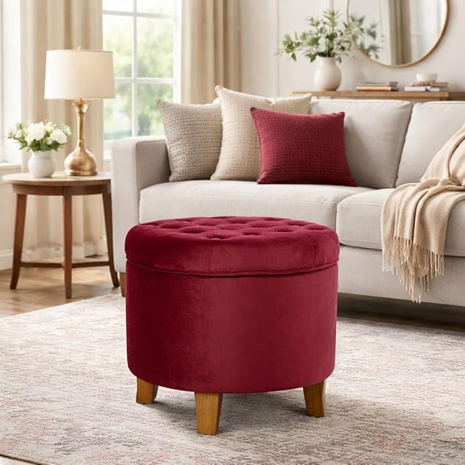 Homepop Home Decor | Upholstered Round Velvet Tufted Foot Rest Ottoman | Ottoman