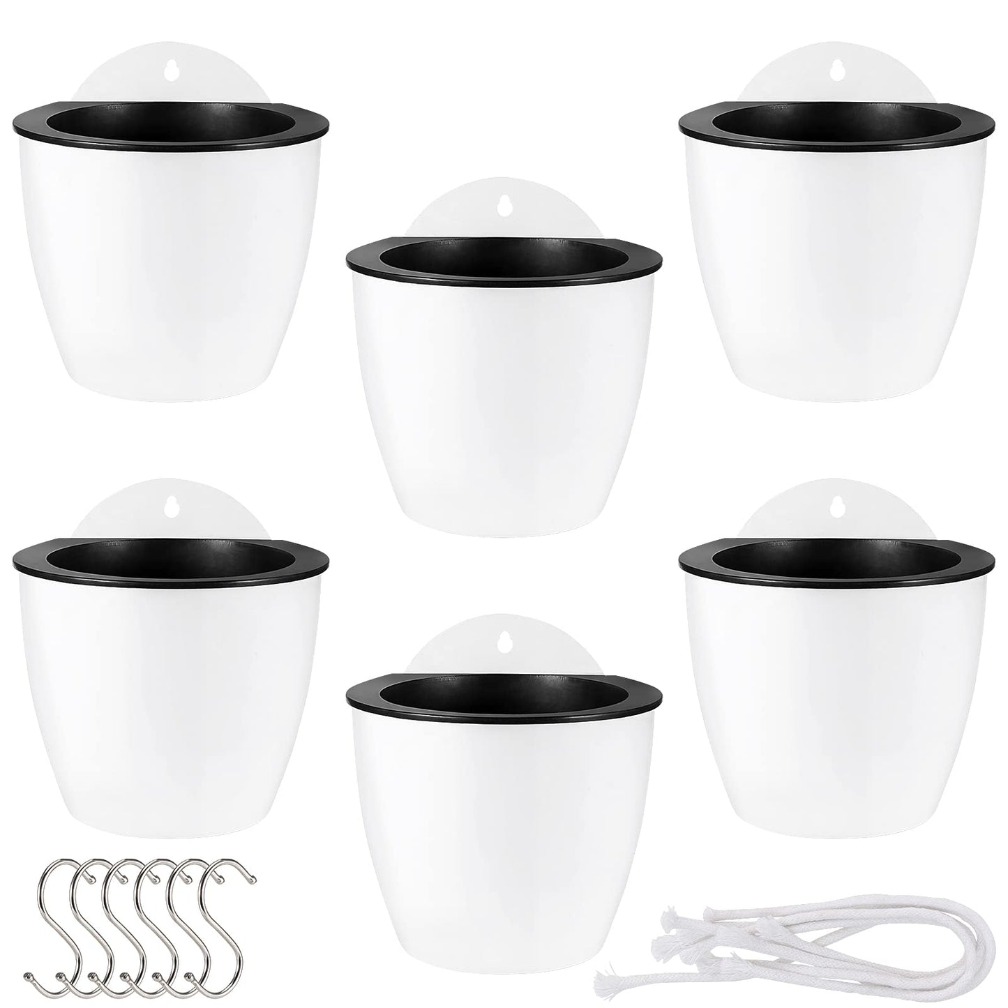MOUYAT 6 Pcs Plastic Self Watering Hanging Planters, 7 Inch White Wall Mounted Flower Pots with Hooks and Cotton Ropes, Lazy Flower Pots for Outdoor Indoor Plants