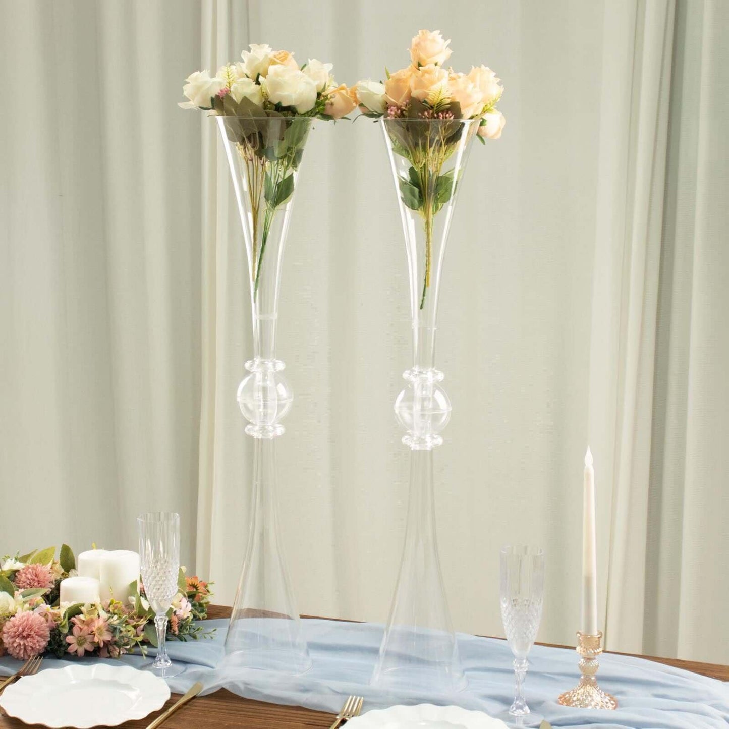 Efavormart 2 Pack | 31" Clear Crystal Embellishment Trumpet Table Centerpiece, Reversible Plastic Flower Vase