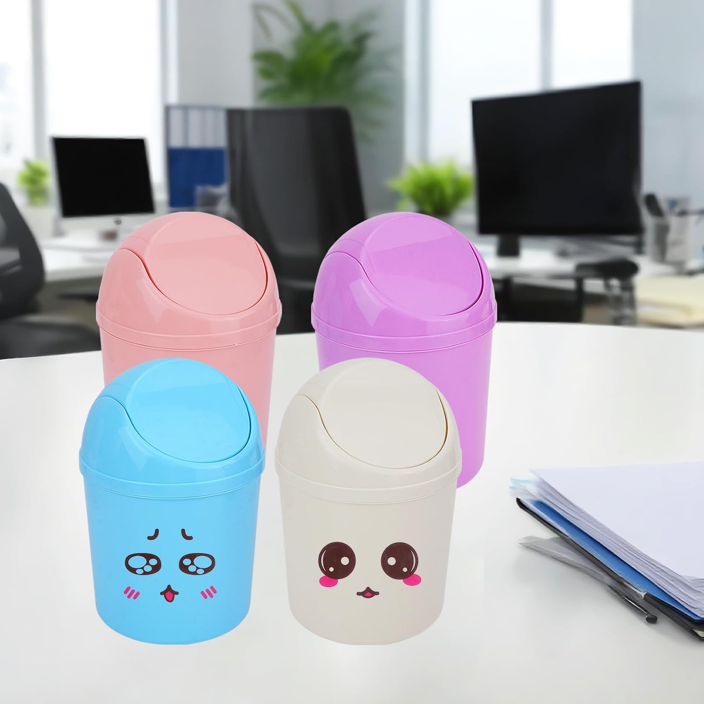 QLFJ-FurDec 4 Pcs Plastic Mini Trash Can with Swing Lid, Tiny Desktop Wastebasket Garbage Bin with 240 Trash Bags for Office, Kitchen, Vanity Tabletop, Bedroom, Bathroom