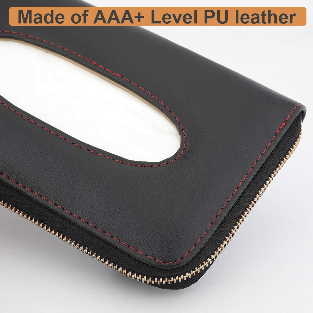 Cartisen Car Tissue Holder, Sun Visor Tissue Holder, Car Visor Napkin Holder, PU Leather Backseat Tissue Case Holder for Car Vehicle with Zipper (Black)