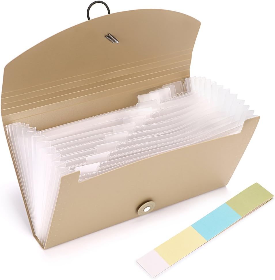 BTSKY Expanding File Folder - 13 Pockets Small Accordion Card and Ticket Holder, Document Organizer Wallet Case for Business, Check, Bill Storage, Khaki