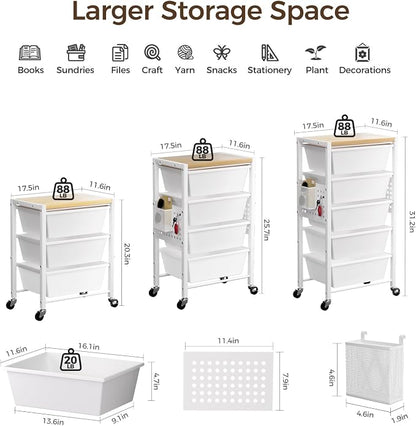 Rolling Cart with 3 Drawers, Plastic Drawer Storage Carts with Lockable Wheels & Wooden Tabletop, Metal Utility Cart Organizer, Office Bedroom Classroom Craft Organization and Storage, Bright White