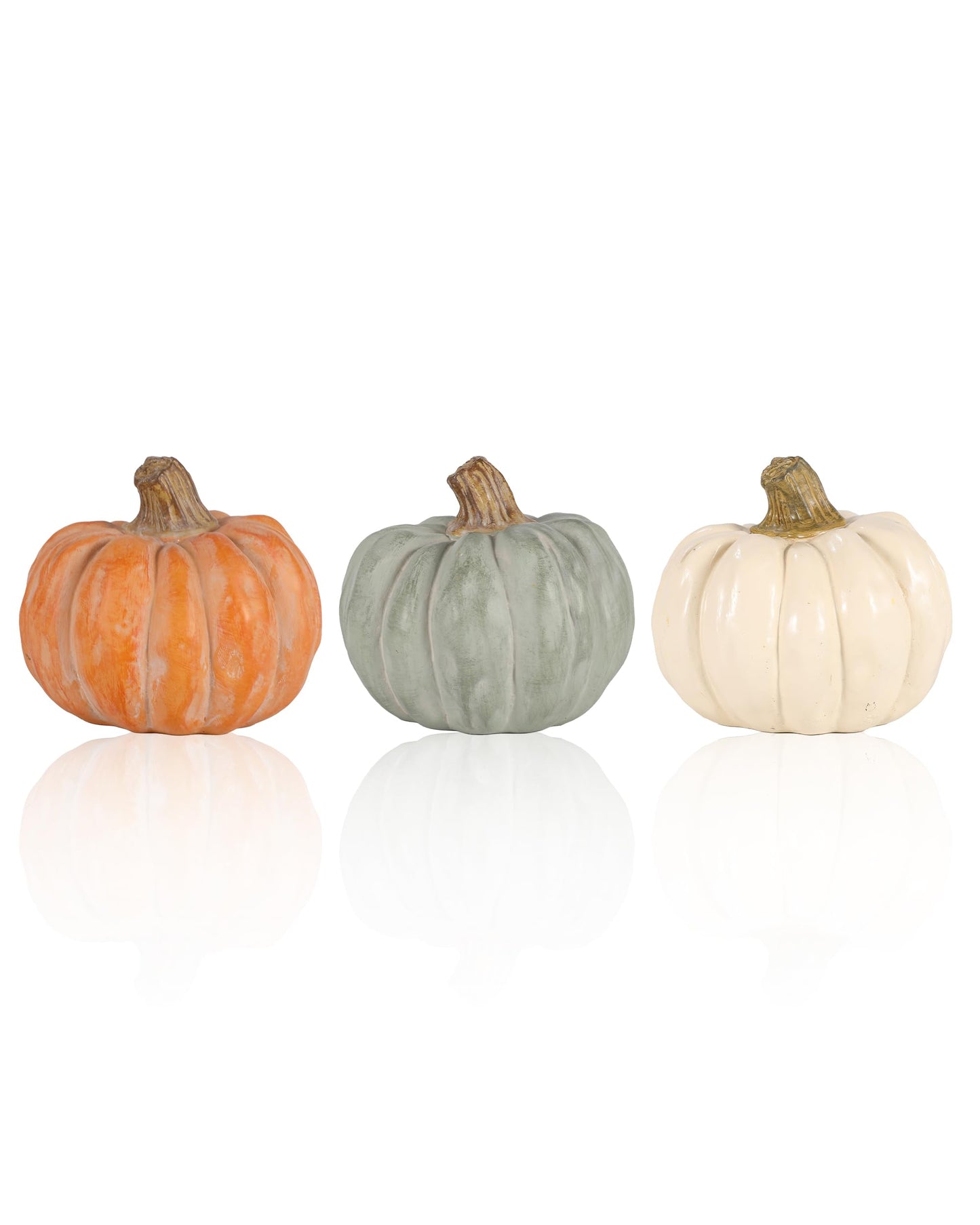 GoGnome Set of 3 Decorative Pumpkins – Resin Fall Harvest Décor in White, Sage Green & Orange, Rustic Autumn Table Centerpiece for Thanksgiving Farmhouse Home Decoration (White)