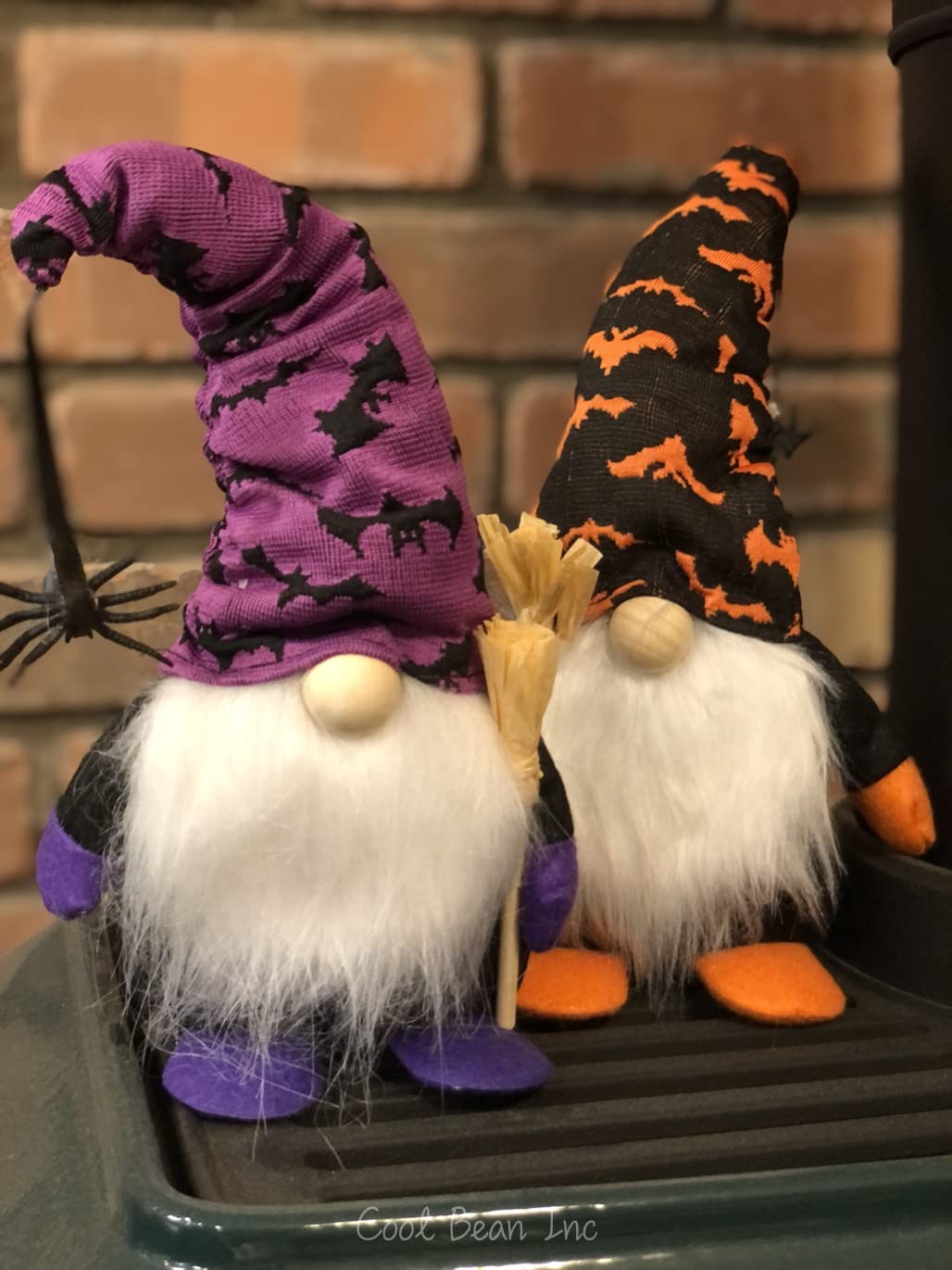 Halloween Gnome 2-Pack – Handmade Orange & Purple Figures with Wooden Broom – 10 Inch Tall Funny Halloween Decoration for Home by Cool Bean Inc