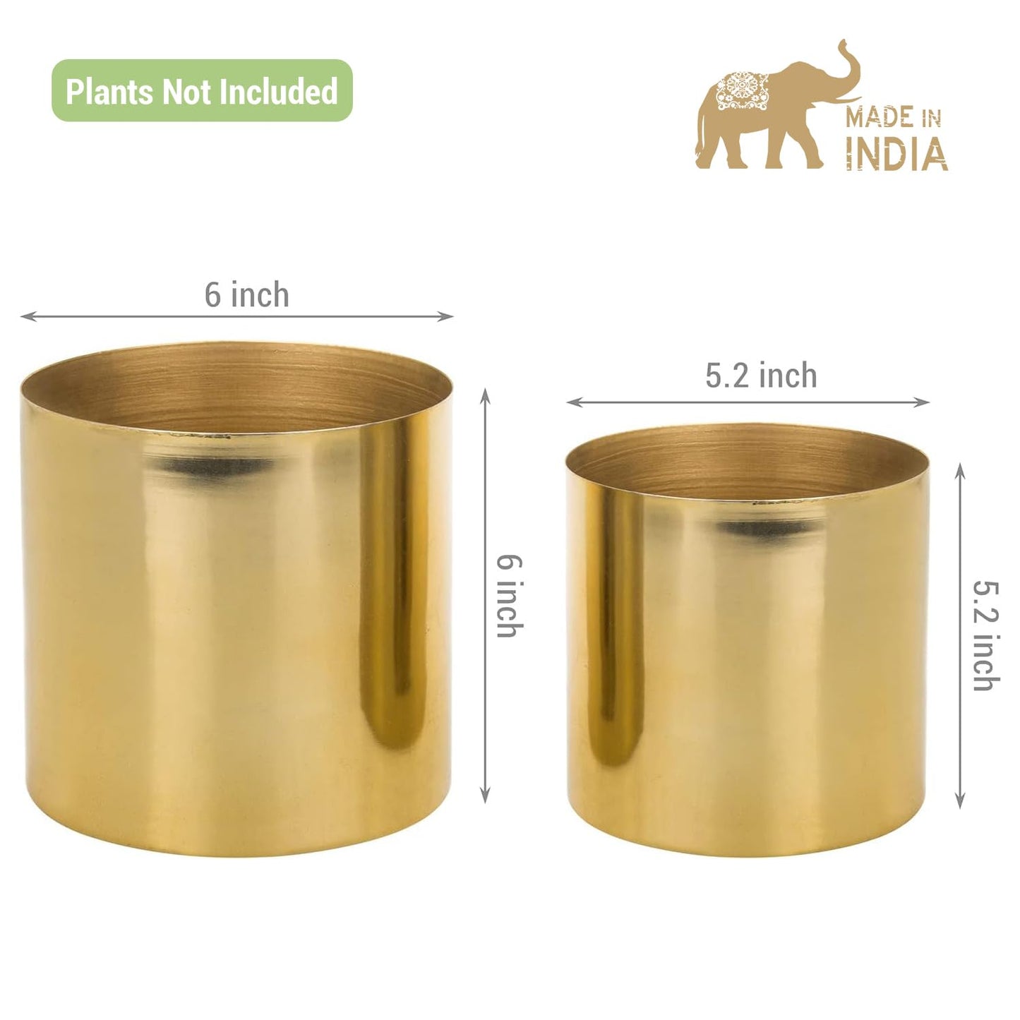 MyGift Set of 2 Handcrafted Shiny Brass-Tone Metal Plant Pots & Flower Vases – Decorative Indoor Table Planters, Handmade in India