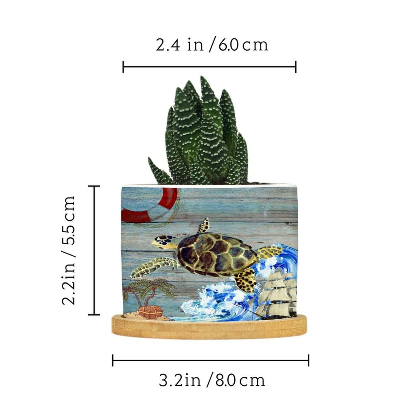 DreamAutumn Planters Ceramic Ocean Theme Sea Turtle Ceramic Pots with Drainage Holes Round Flowerpot Bamboo Tray Plant Pots for Succuelnt and Little Snake Plants Pots for Nana Mommy Grandma