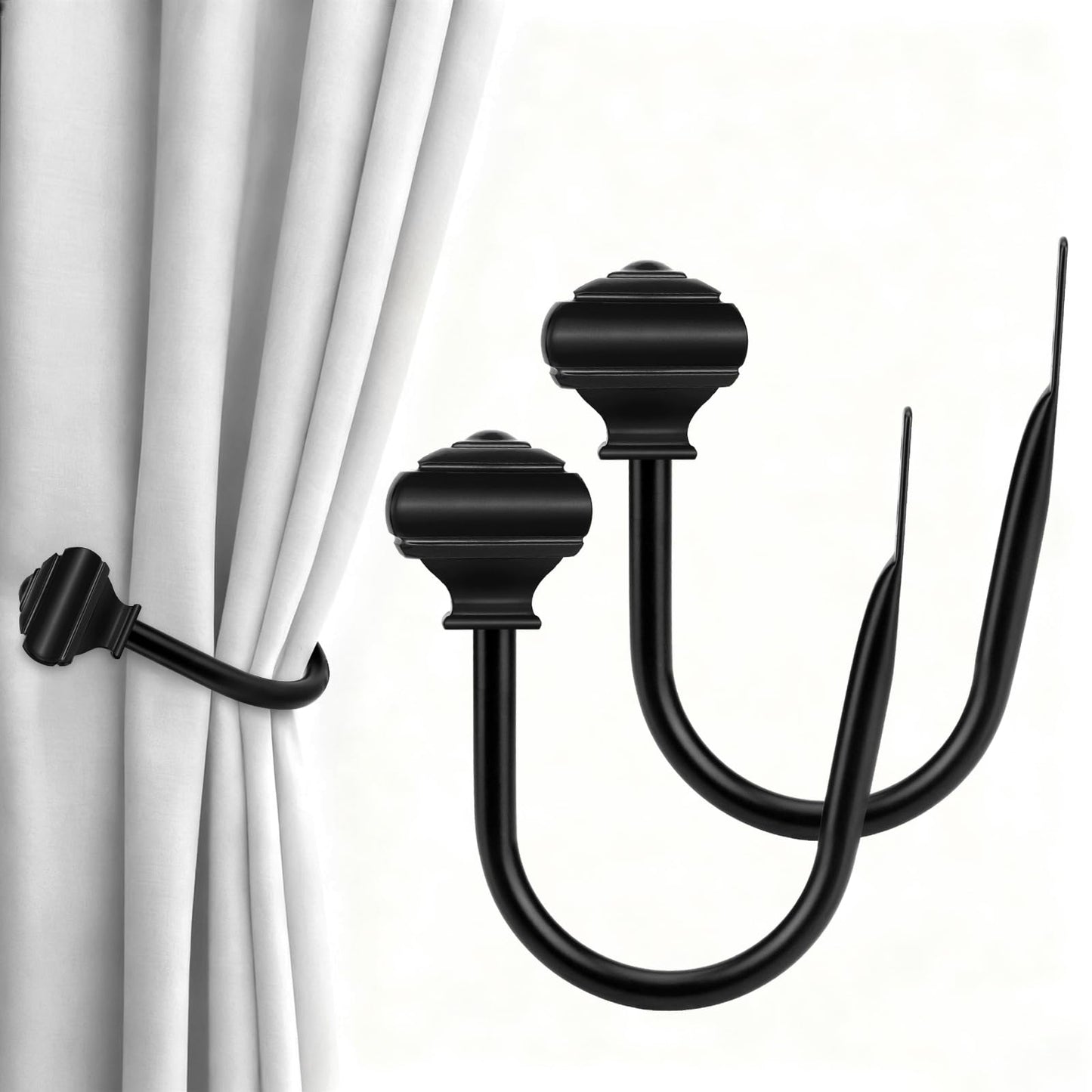 2 Pack Black Curtain Tiebacks, USFOOK Decorative Window Drapery Holdbacks (2 Pack/1 Pair), Curtain Hooks for Drapes with Square Finials (3.45" L x 5.35" W)