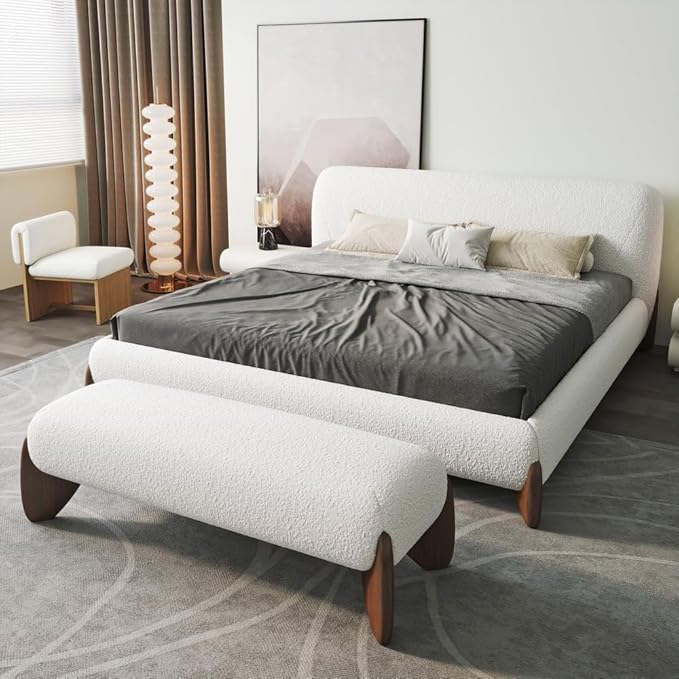 homary Curva Modern White Boucle King Size Platform Bed Set & Bedroom Bench