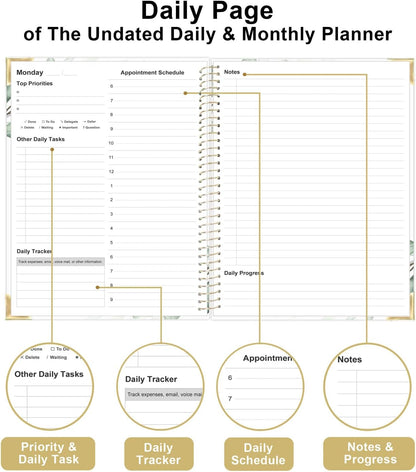 Undated Daily Monthly Planner for 2025 2026 - A4 To Do List with Hourly Schedule, Hardcover Spiral Bound Daily Planner to Increase Focus, Stylish School/Office Supplies, 8.5" x 11", Green Leaf