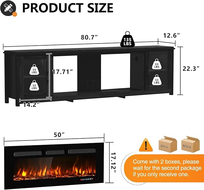 MXV 80" Fireplace TV Stand, Modern Entertainment Center