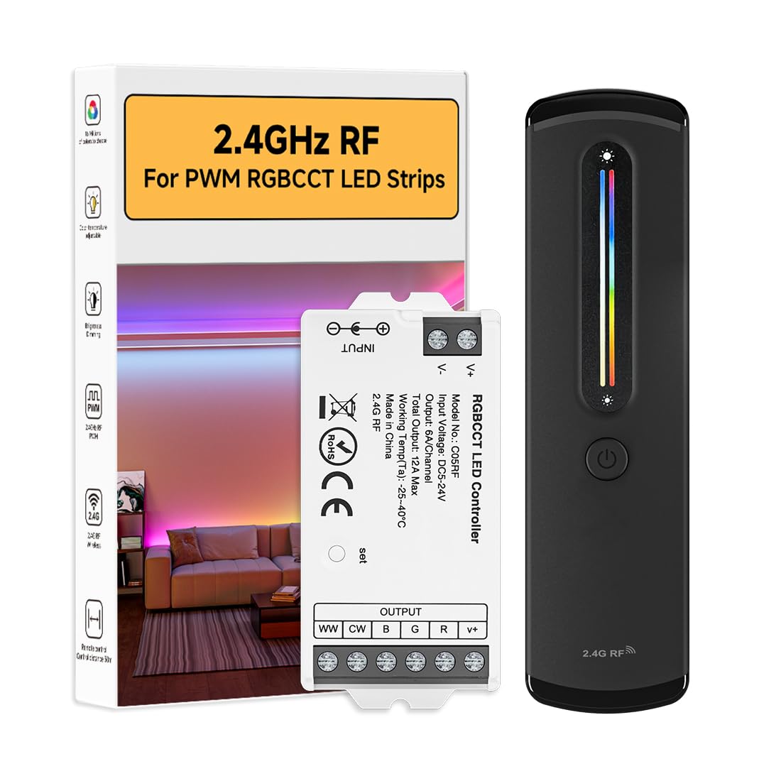 BTF-LIGHTING RC09RFB & C05RF RF 2.4GHz Wireless Tuya Controller Kit Magnetic Wall-Mounted, Dim Brightness/Color,Touch Slide Control for PWM(+ R G B W W) 6PIN SMD FCOB RGBCCT LED Strip DC5V DC12V DC24V