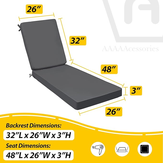 AAAAAcessories Outdoor Chaise Lounge Cushions, Fade-Resistant, Waterproof Patio