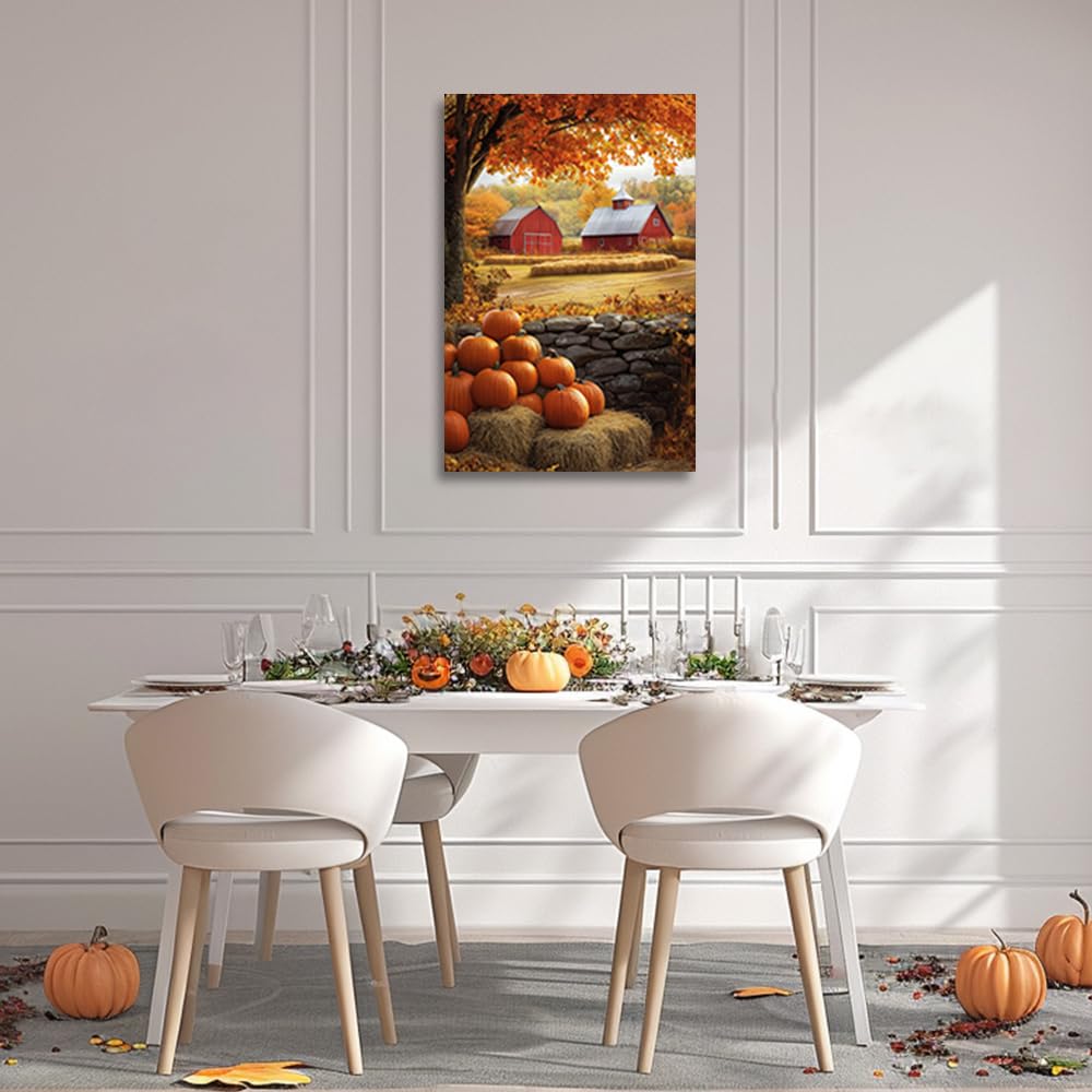 CGXLB Autumn Pumpkin Patch Wall Art Rustic Farmhouse Paintings Barn Harvest Picture Countryside Seasonal Canvas Prints Fall Decor for Living Room Dining Room 12"x18"