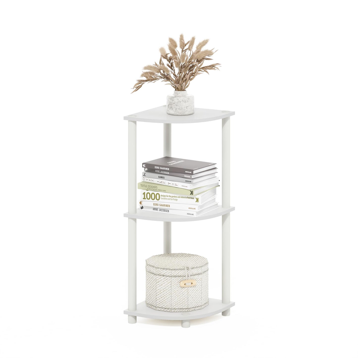 Furinno Turn-N-Tube Corner Shelf, 3-Tier Corner Bookshelf, Display Storage Shelves with Open Shelves, for Organization and Storage, Living Room, Home Office, Garage, White