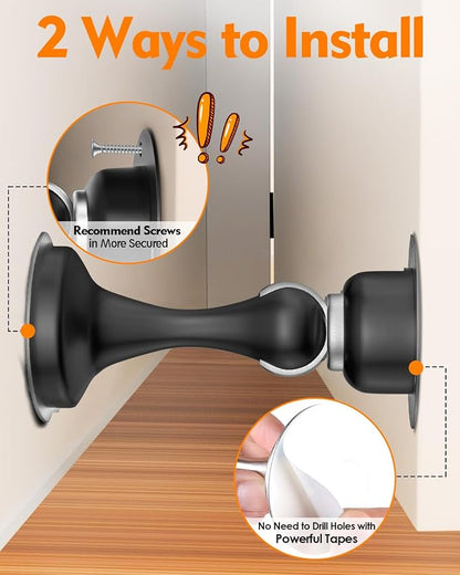 Door Stoppers Magnetic Door Catch - Stainless Steel Heavy Duty Door Holder Stops for Bottom Top of Door - Wall Floor Mounting No Drill 3D Adhesive & Screws Strong Magnet Keep Door Open 6 Pack