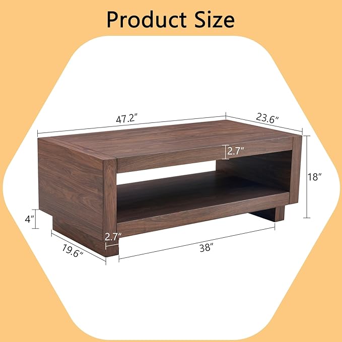 Walnut Mid-Century Coffee Table, 47.2" W×23.6" D×18" H，Rectangular MDF Storage