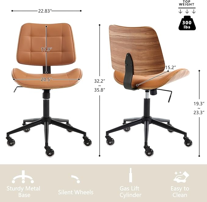 Home Office Desk Chair with Wheels, Adjustable Height Armless Office Chair