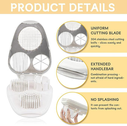 3-in-1 Egg Slicer for Hard Boiled Eggs, Stainless Steel Wire Egg Cutter with ABS Frame, Multi-Functional Kitchen Gadget for Slicing Strawberries, Bananas, Mushrooms & Cheese(White)