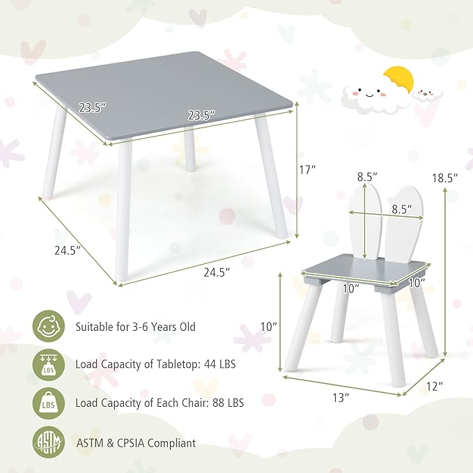 Costzon Kids Table and Chair Set, 3 Pieces Wooden Activity Table & 2 Rabbit