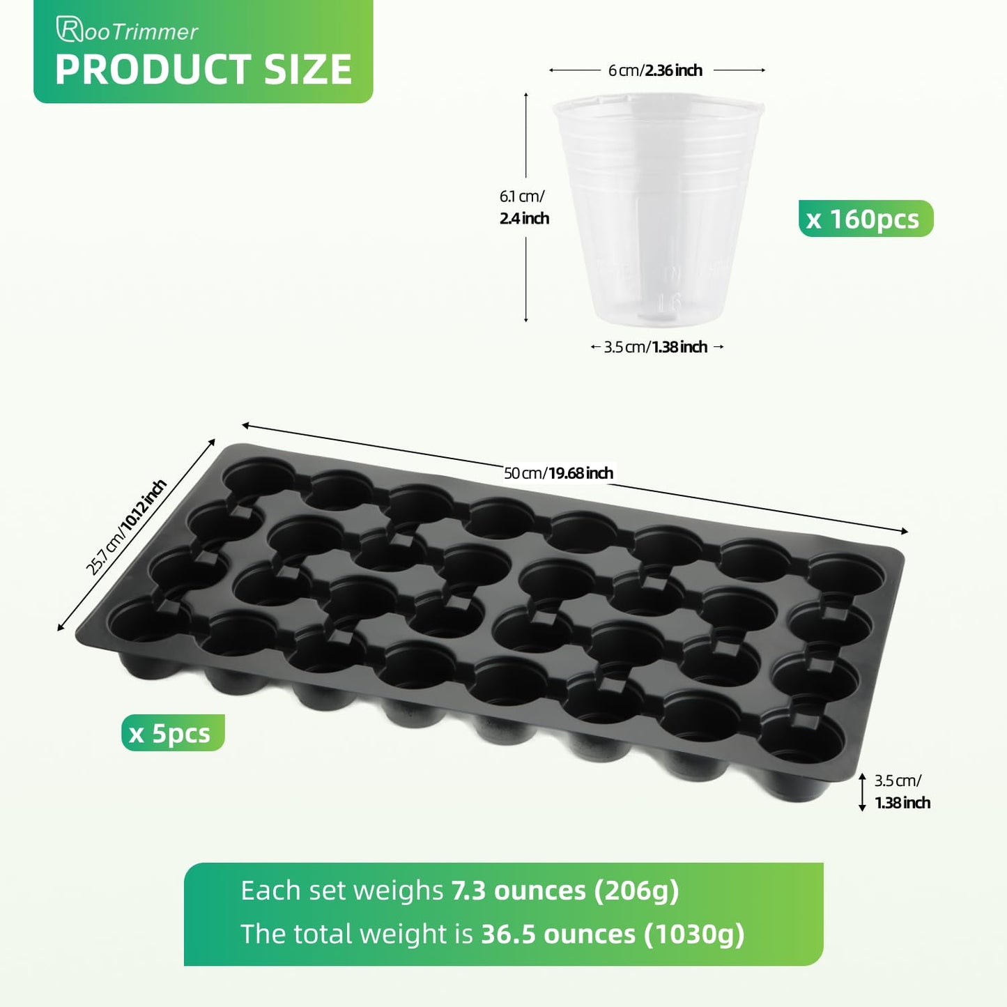 RooTrimmer 5-Pack 32 Cell Seedling Trays & 160 Pack 2" Soft Clear Nursery Pots -Thickened Durable Plant Starter Kit for Seed Germination (5 Sets)