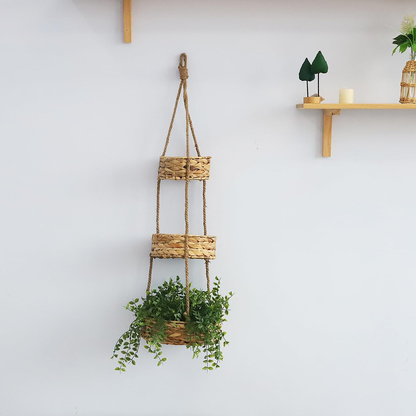 KINGWILLOW 3 Tier Hanging Fruit Basket, Handmade Natural Water Hyacinth Wall Vegetable Storage Baskets, Space Saver for Kitchen Organizing Plant Holder