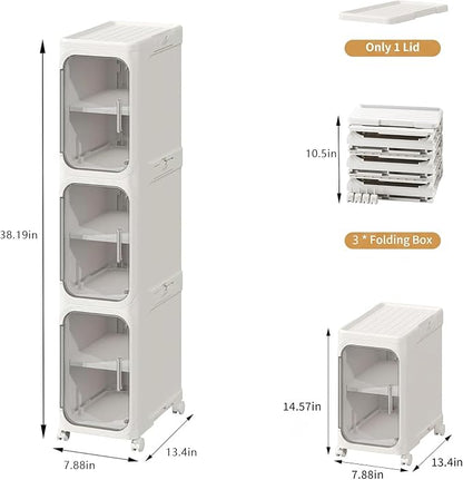 3-Tier Slim Bathroom Narrow Storage Cabinet with Wheels, White | Tool Free Assembly, Adjustable shelves, Lockable Wheels, Magnetic Clear Door, Fits for Narrow Spaces